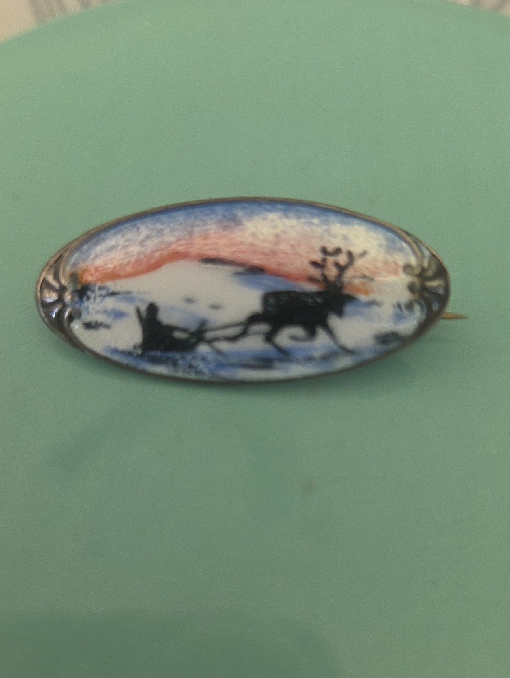 Sterling Vintage Oval Enamel Reindeer Sleigh Brooch in Blue and White